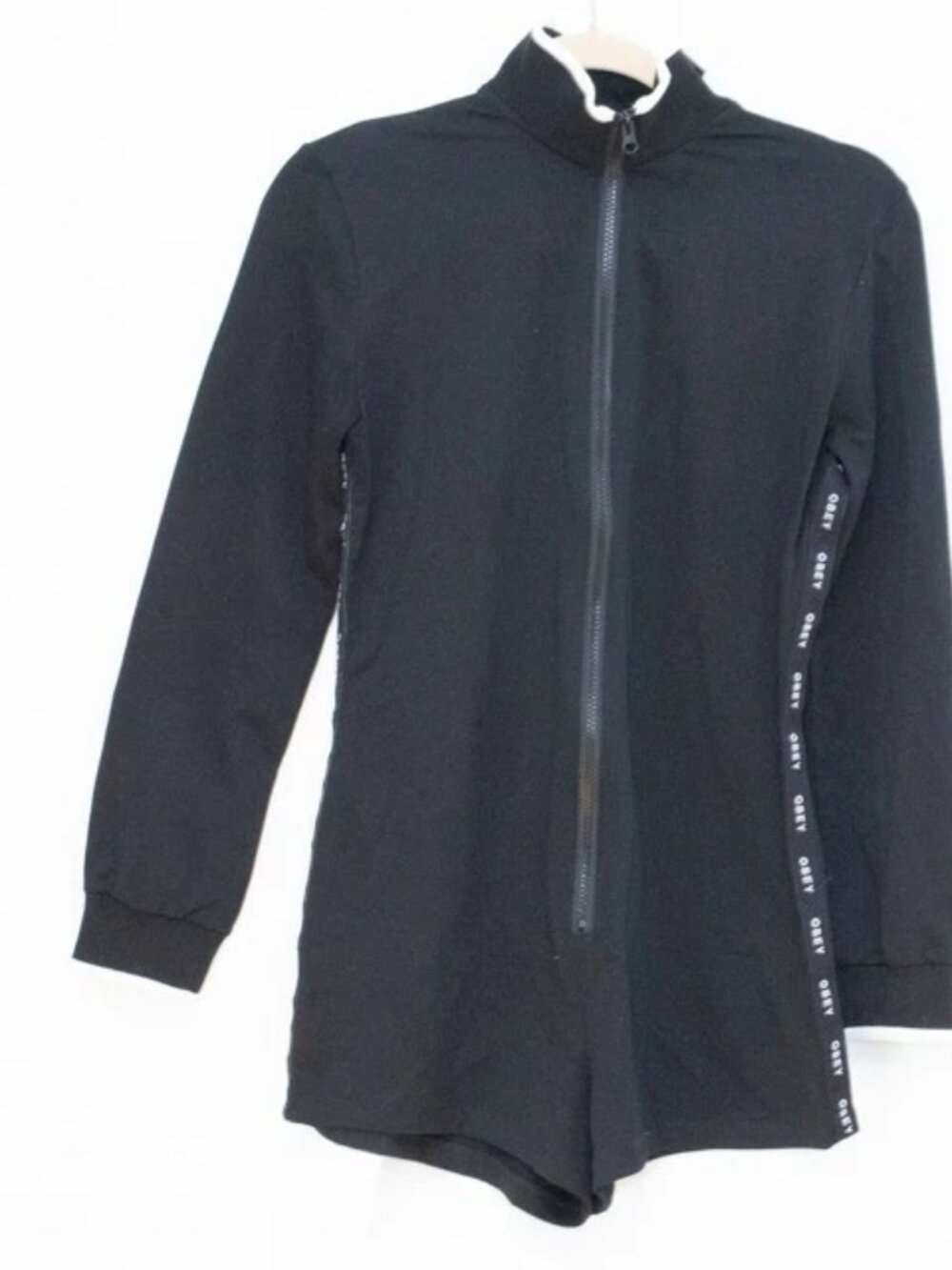 Obey Jumpsuit Romper Shorts Urban Streetwear Long Sleeve Full Zip Logo Stretch S
